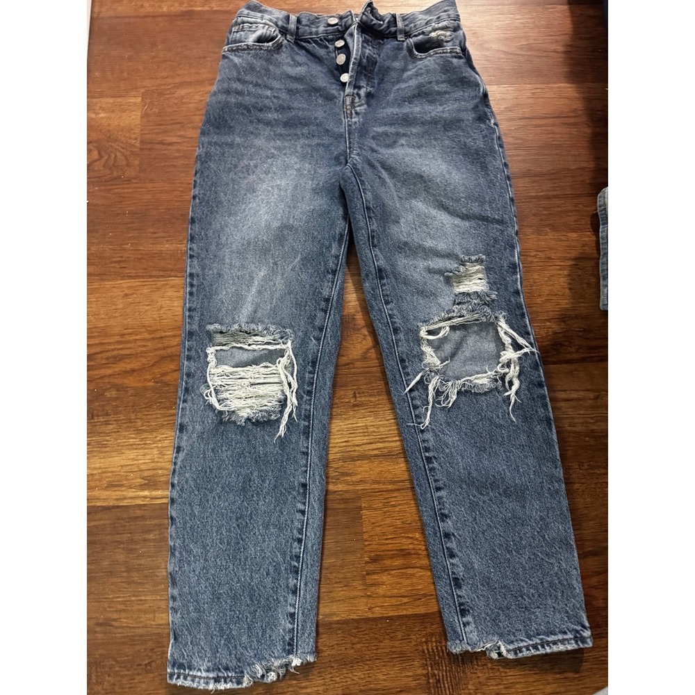 PacSun High Rise Straight Leg Distressed Jeans Medium Wash Button Fly Blue Denim